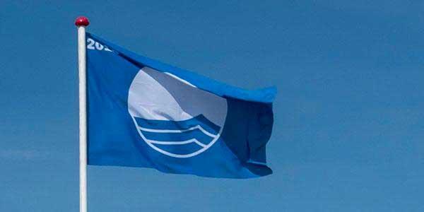 Et blåt flag med bølger på hænder i flagstang