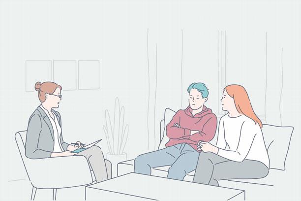 Grafik af en samtalesituation, hvor en kvinde interviewer en anden kvinde og en ung teenager i et sofaarrangement.