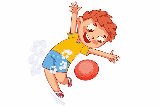 Tegning af et barn i shorts og t-shirts der undviger en blød bold ved at dreje i kroppen