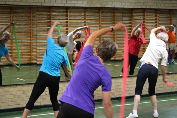 Ældre kvinder står i en gymnastiksal med ribber og spejle og laver gymnastik med en elastik.