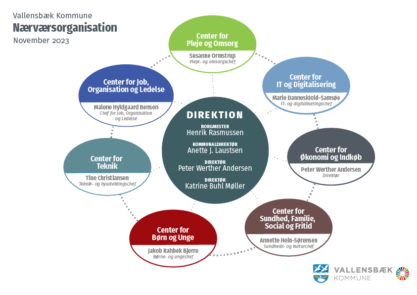 Grafisk opstilling af organisationen med direktionen i midten, som de syv centre refererer ind til. 
